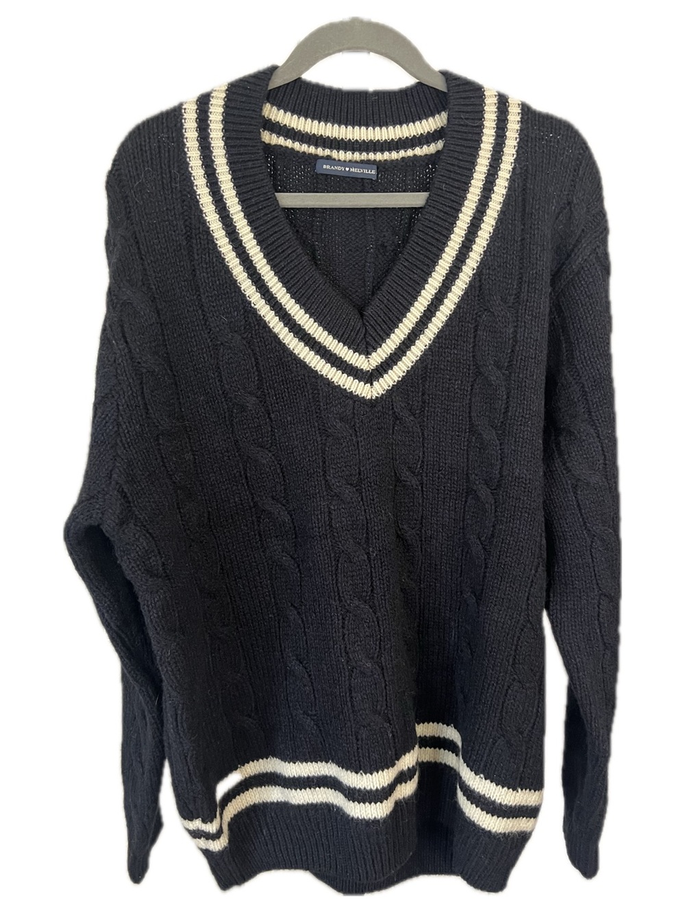 Brandy Melville Preppy Oversize Wool Black V-Neck Cable Knit Sweater